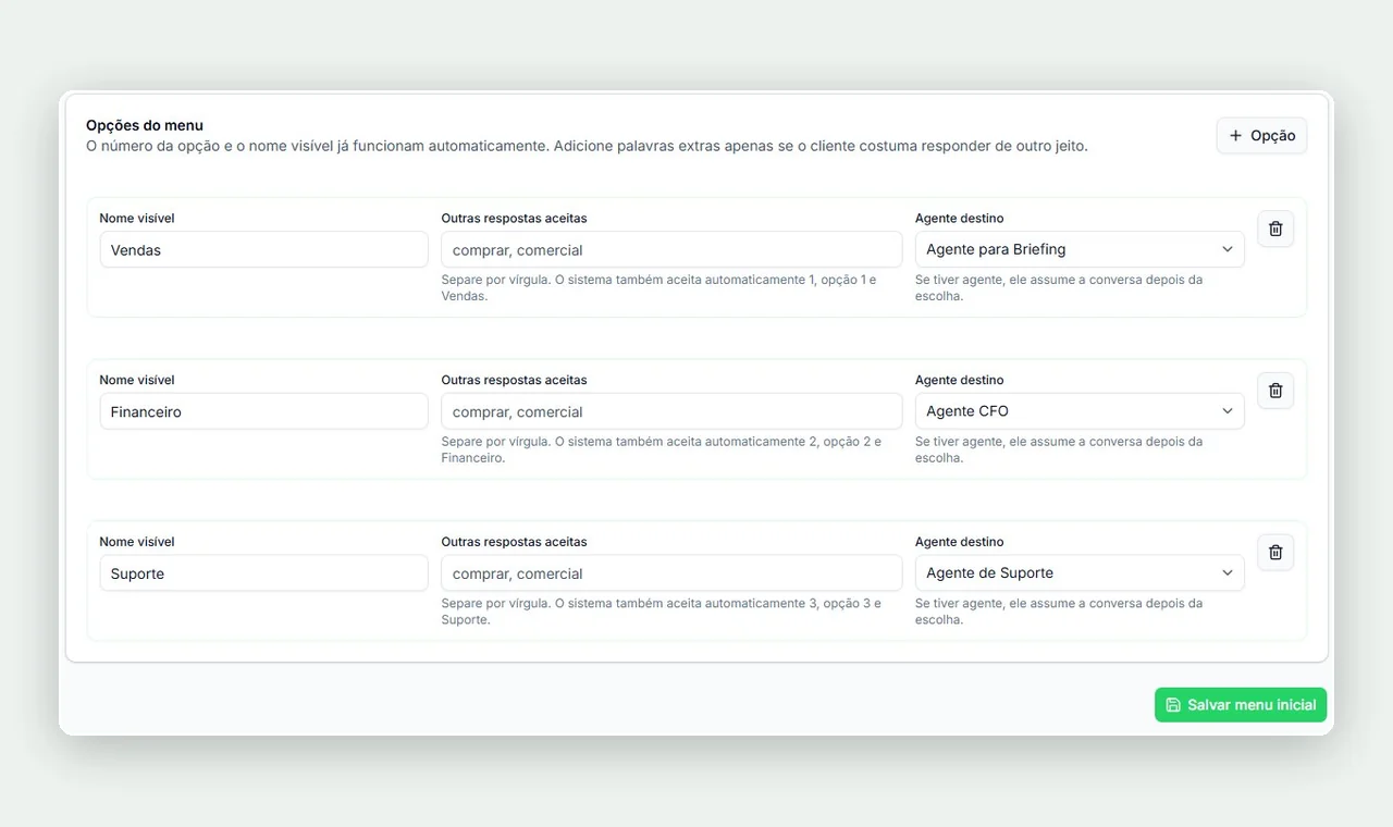 Roteamento de opções do menu para agentes